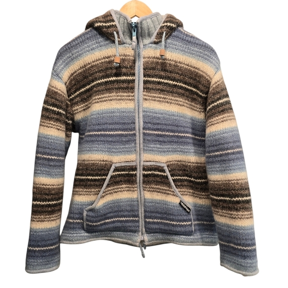 Laundromat Striped Hooded Jacket with Blue and Brown Tones 100% Wool Heavy Knit - Picture 3 of 16